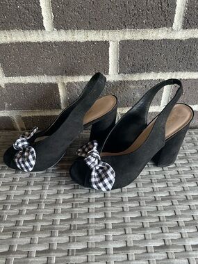 NINE WEST Black Slingback Peep-Toe Heels with Gingham Bow Accent 7 1/2